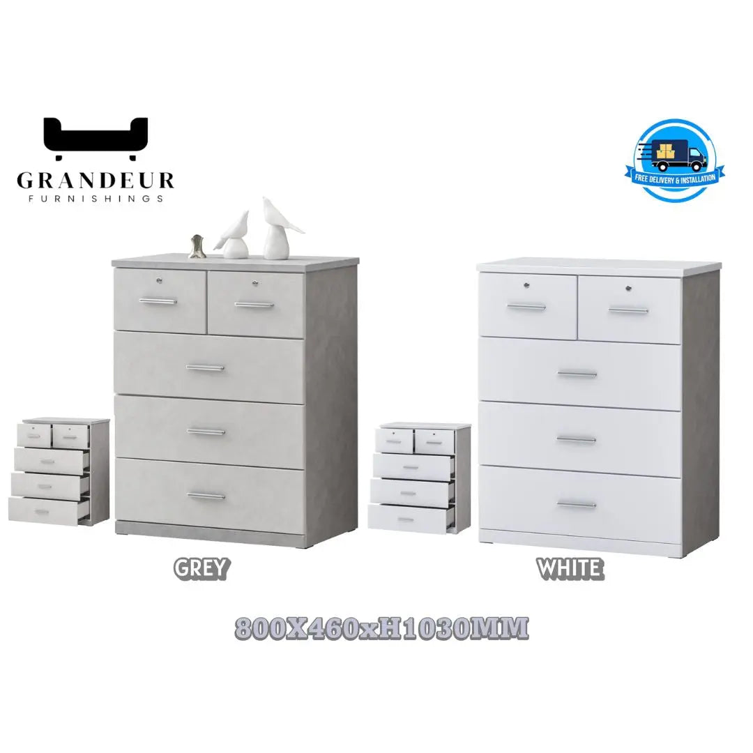 Modern 5-Drawer Storage Chest of Drawers in Grey or White Grandeur Furnishings