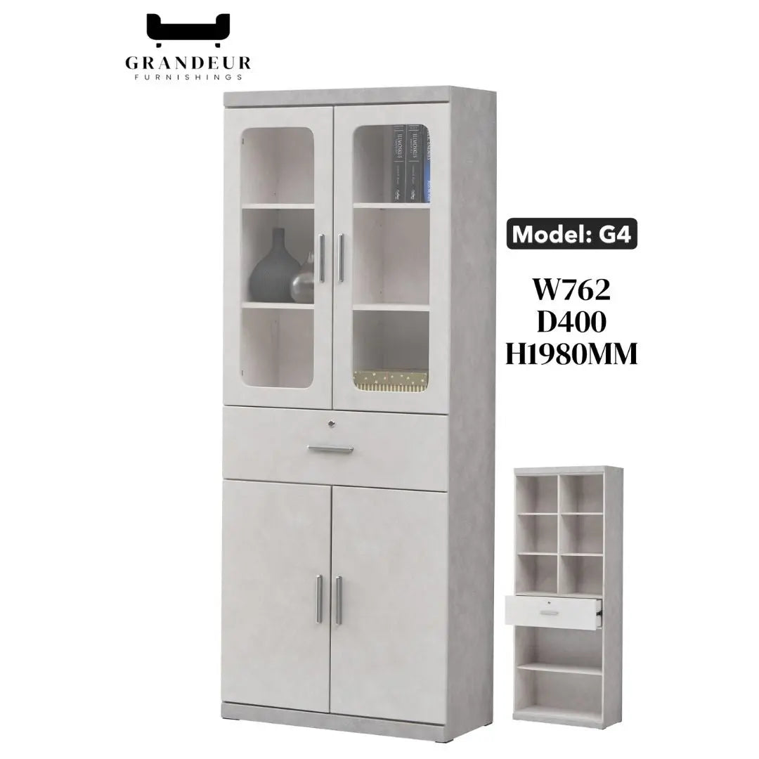 Elegant Light Grey Bookcase Display Cabinet with Glass Doors, Drawers & Shelves Grandeur Furnishings