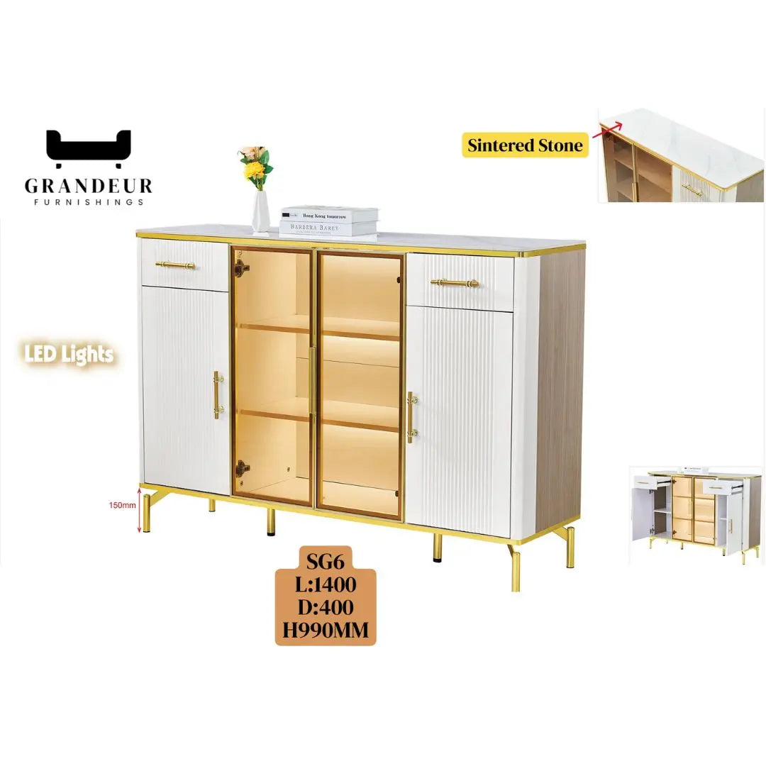 Elegant Side Cabinet with LED Lights & Sintered Stone Top – Modern Design with Glass Doors & Brass Accents Grandeur Furnishings