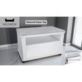White coffee table with grey stone-patterned top, open shelf and lower drawer