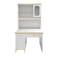 White study desk with gold-coloured legs and upper storage cabinet