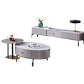 Grey TV console and oval coffee table with raised side tables