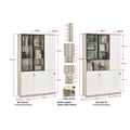 White and grey book cabinet options with interior and dimensions