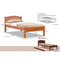 Arched-headboard wooden bed frame finishes with trundle view and dimensions