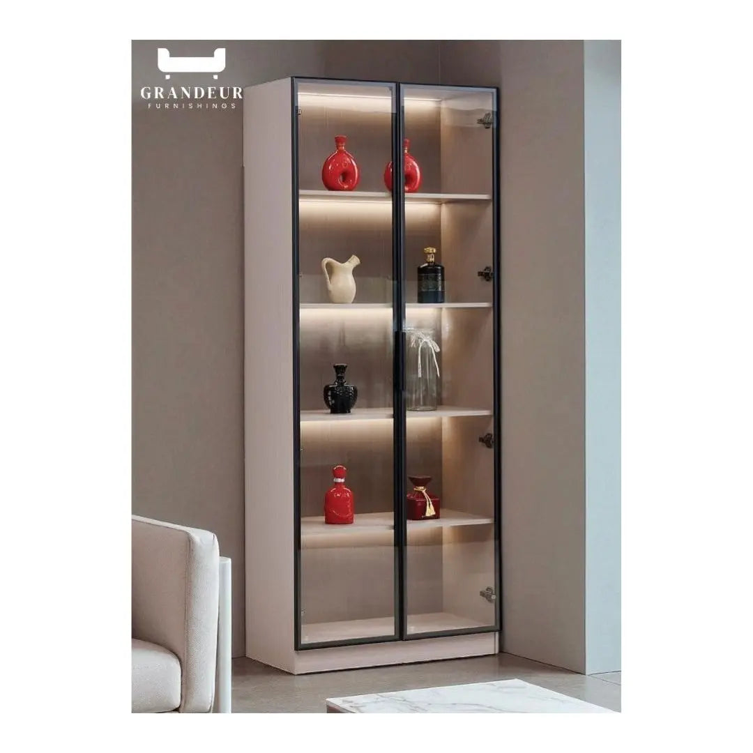 Contemporary Wood-Finish Glass Display Cabinet with LED Sensor Lighting Grandeur Furnishings