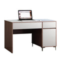 Brown desk with white fronts, right cupboard and stone top