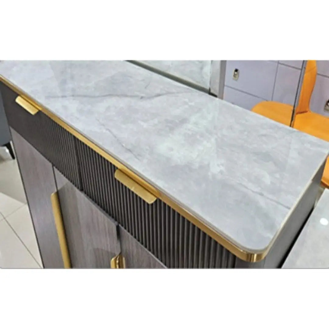 Modern Matt Shoe Cabinet with Sintered Stone Top and Sleek Golden Handles Grandeur Furnishings