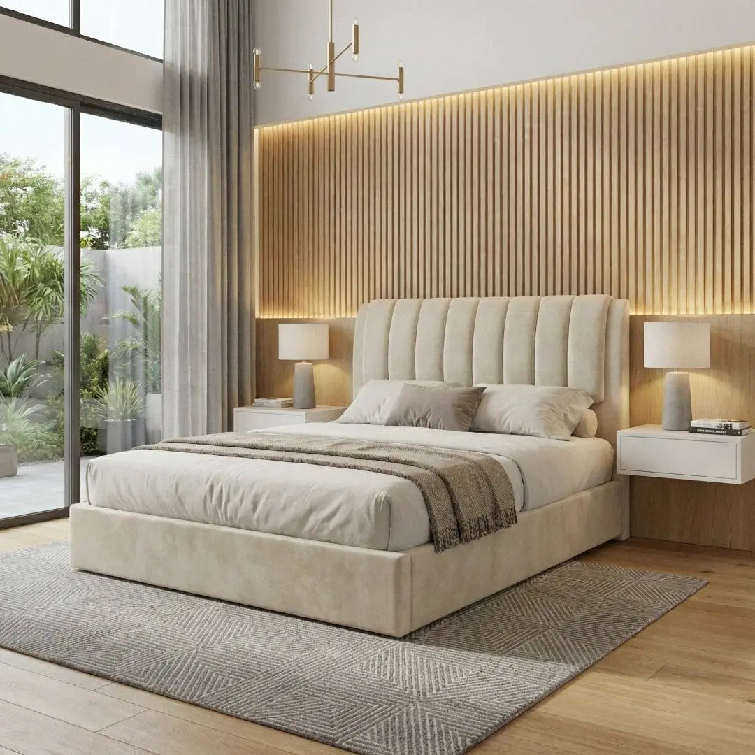 Noelle Premium Fabric Divan Bed Frame | Modern Fluted Headboard Grandeur Furnishings