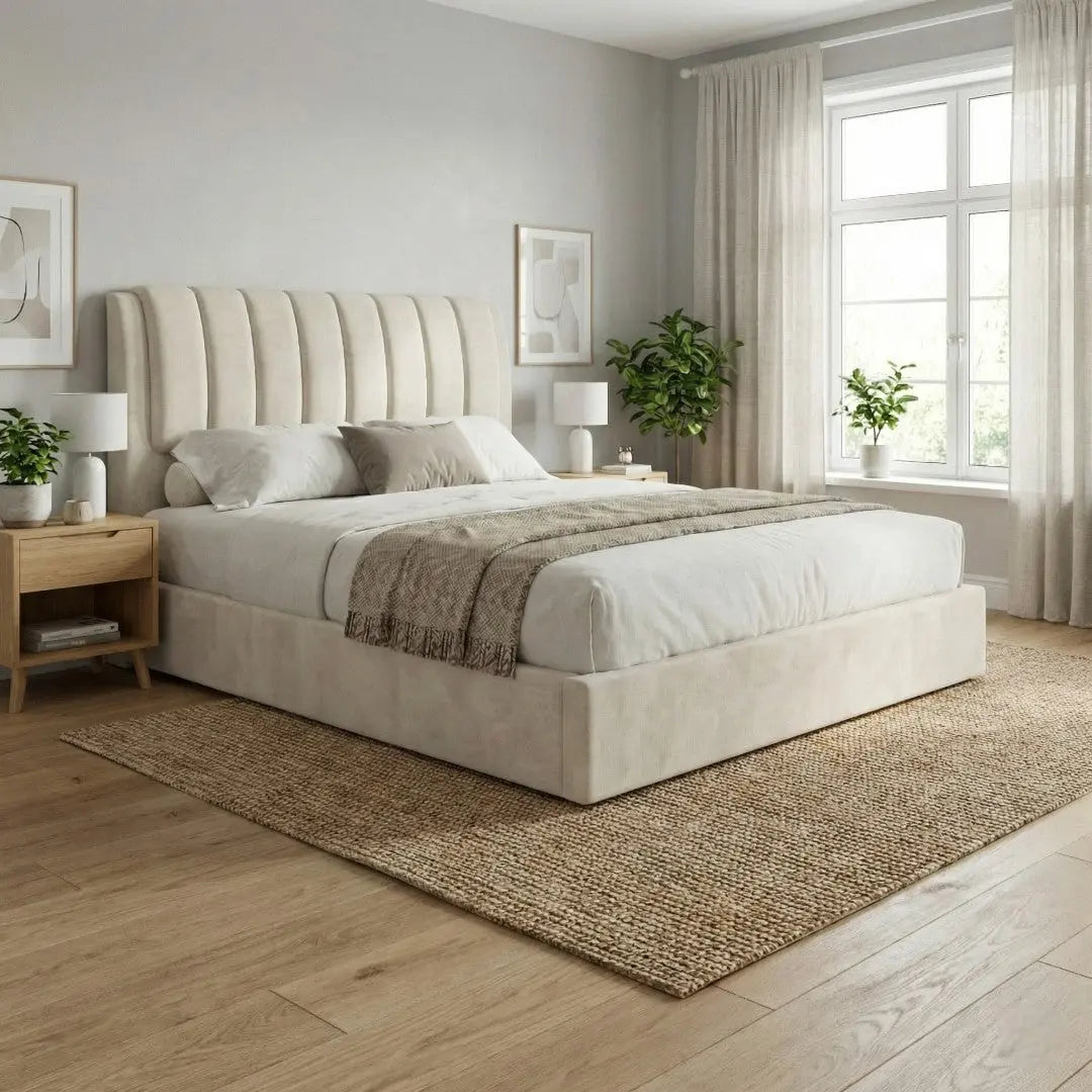 Noelle Premium Fabric Divan Bed Frame | Modern Fluted Headboard Grandeur Furnishings