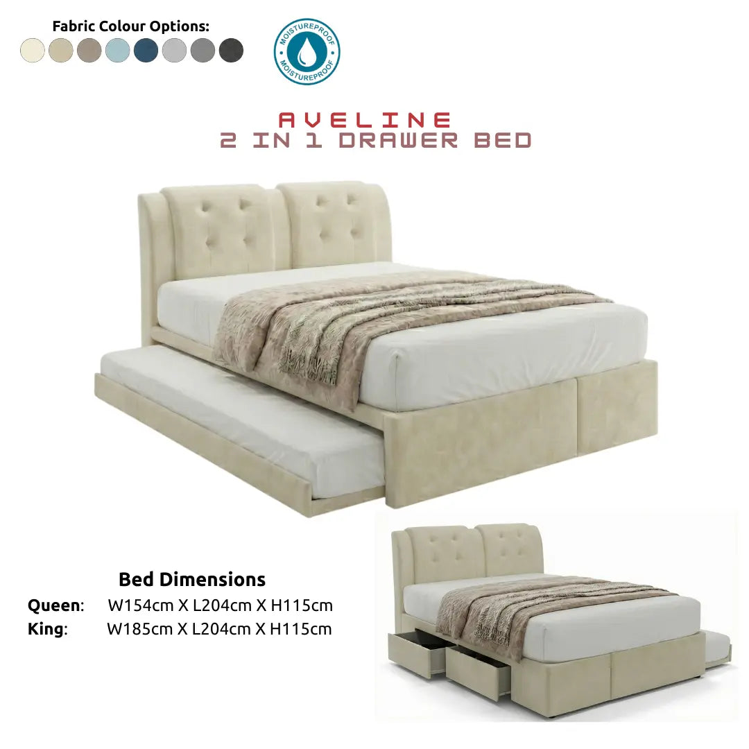 Aveline 2-in-1 Bed Frame (Queen/King) with Pull Out Trundle + 2 Drawers Grandeur Furnishings