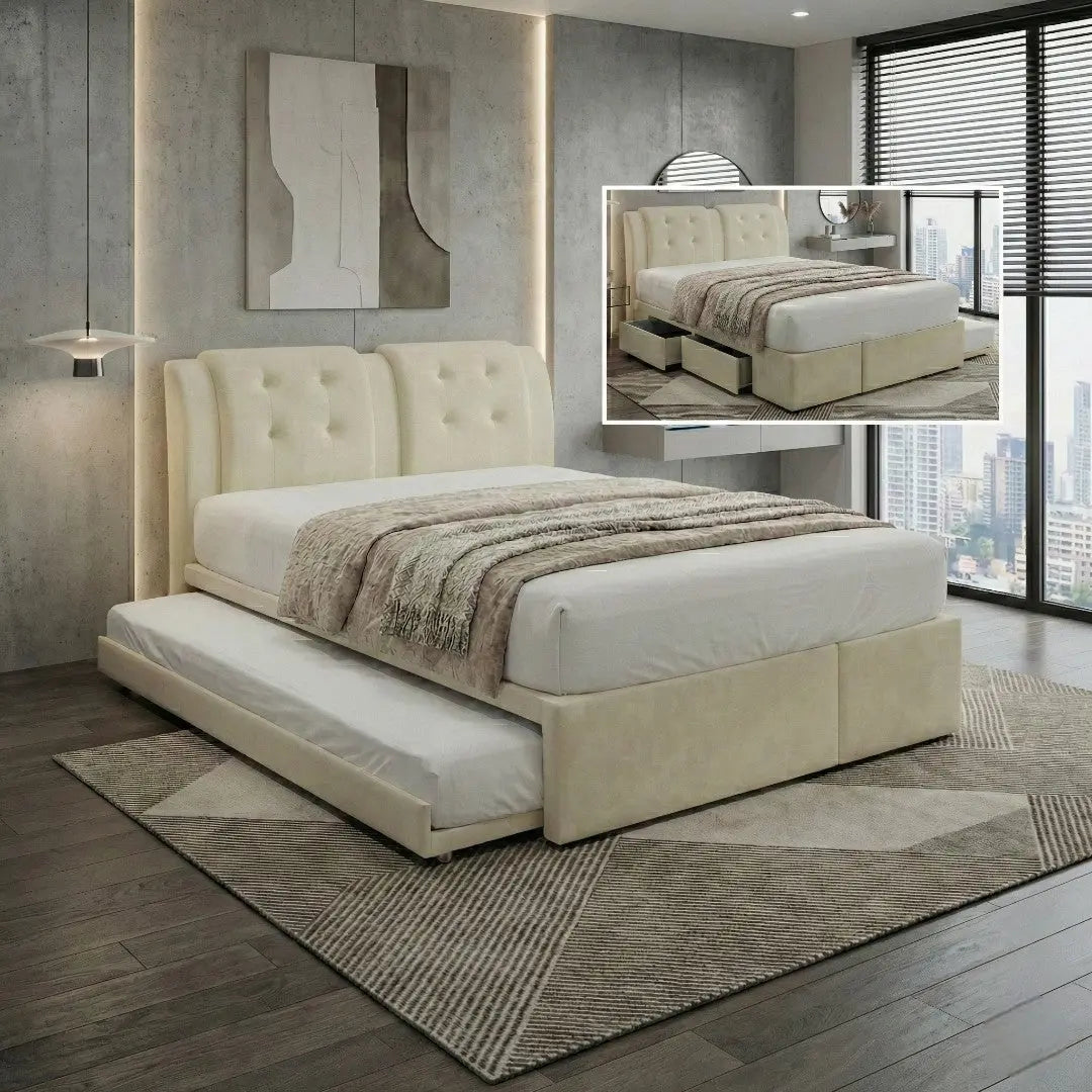 Aveline 2-in-1 Bed Frame (Queen/King) with Pull Out Trundle + 2 Drawers Grandeur Furnishings