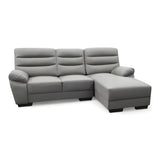 Grey L-shaped sofa with padded backrest and right chaise