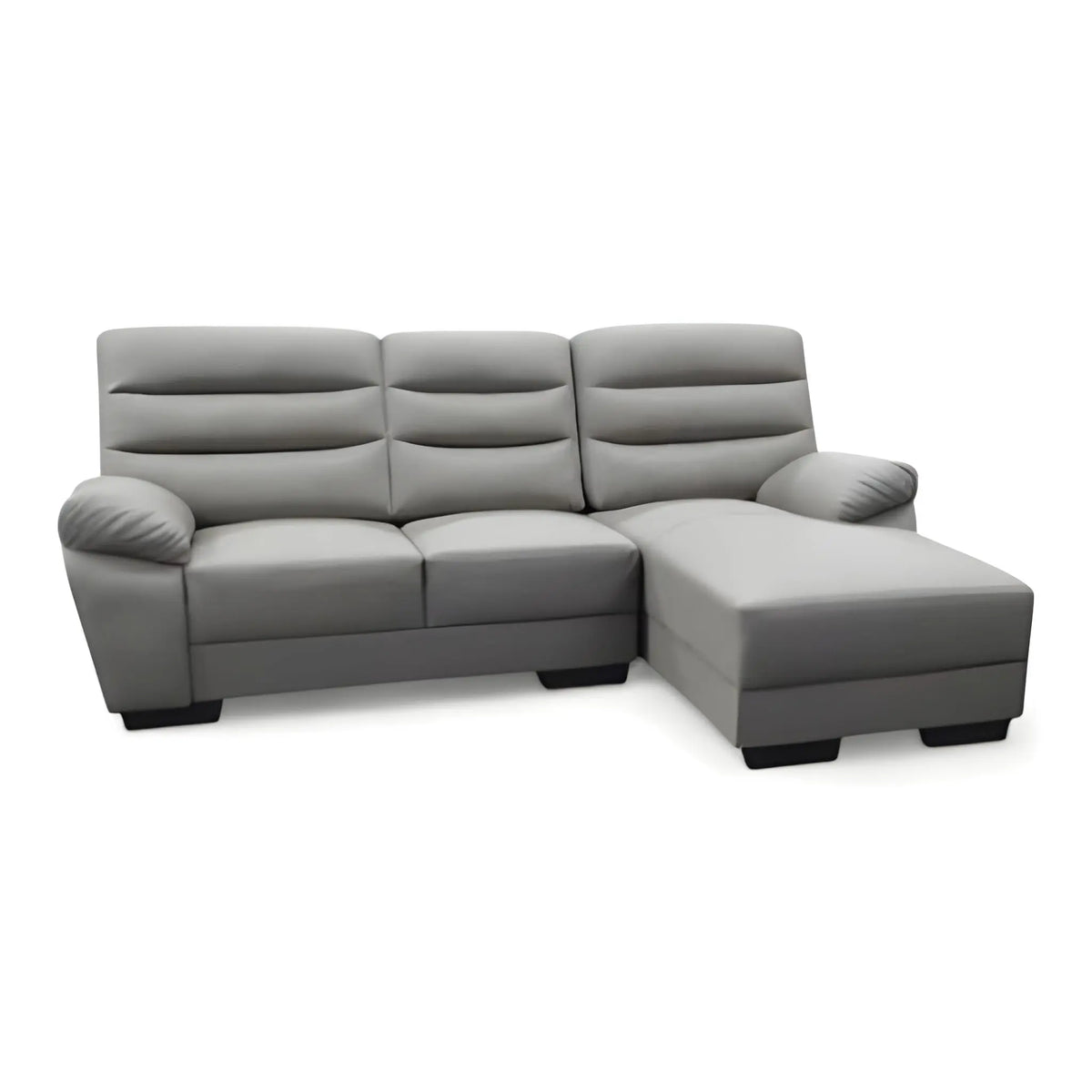 Grey L-shaped sofa with padded backrest and right chaise