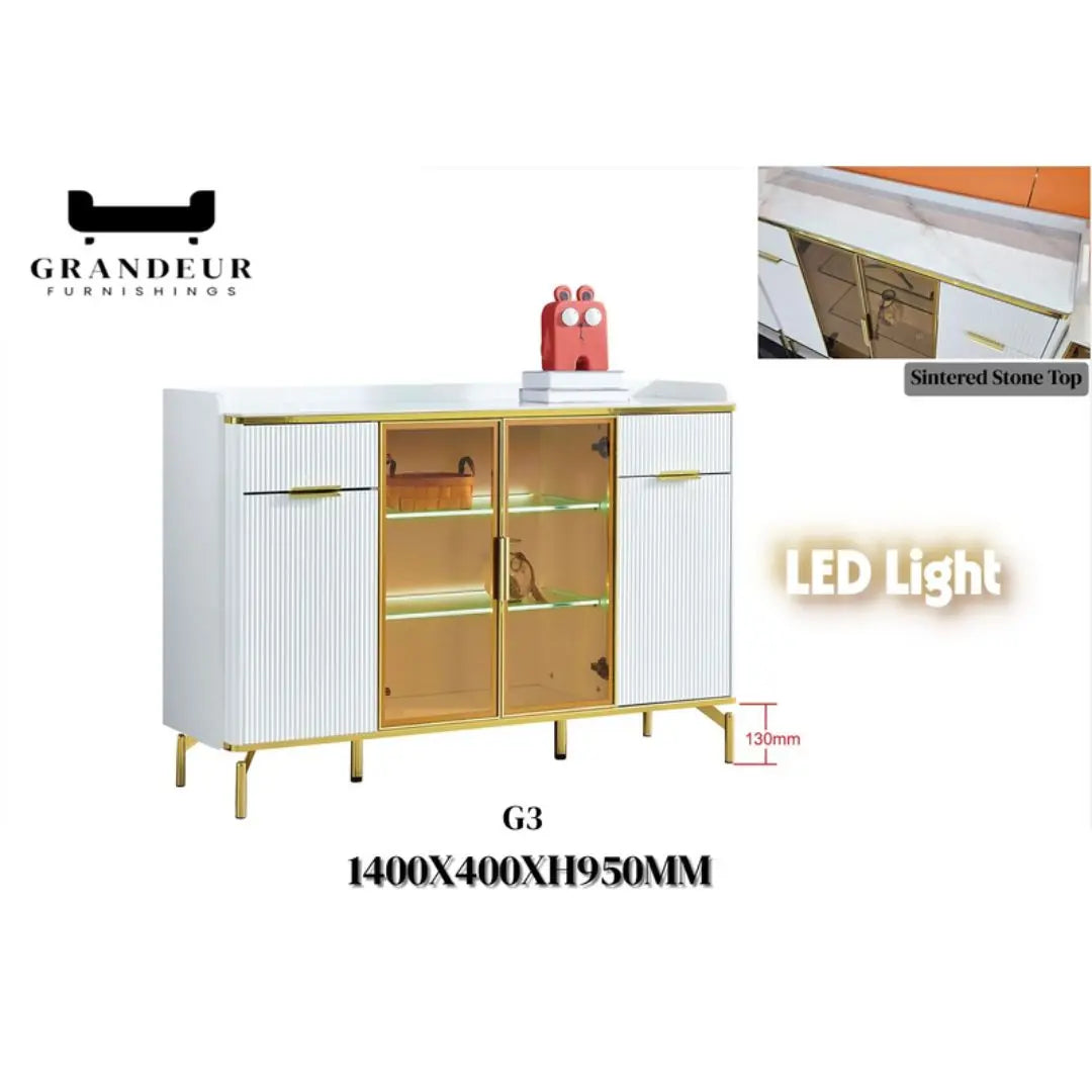 Side Cabinet with LED Lighting & Sintered Stone Top – Available in Three Sizes Grandeur Furnishings