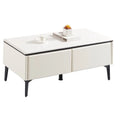 White coffee table with two front panels and black legs