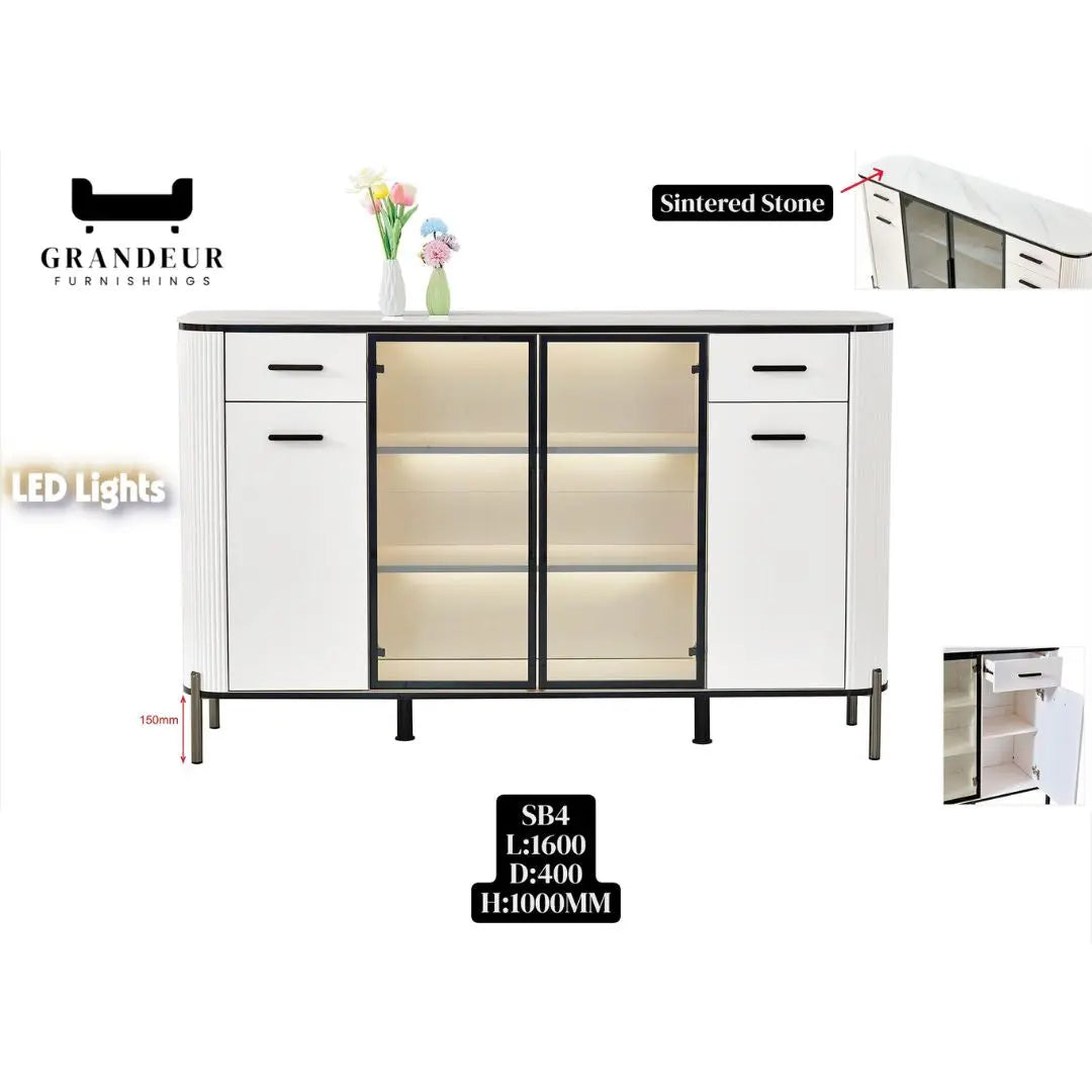Glass Display Side Cabinet with LED Lights & Sintered Stone Top Storage Solution Grandeur Furnishings