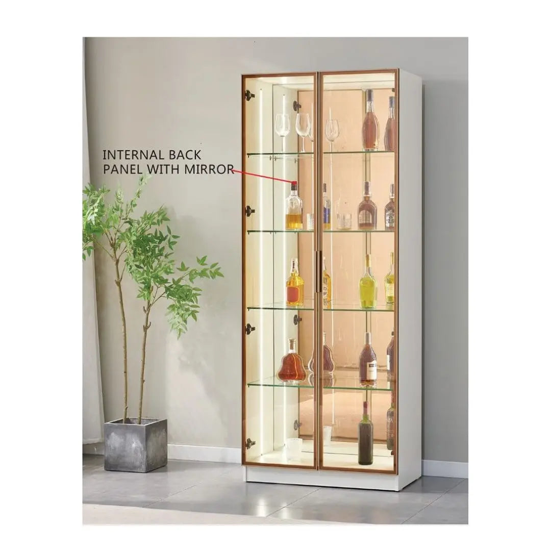 Glass Showcase Display Cabinet with LED & Mirror Back Grandeur Furnishings