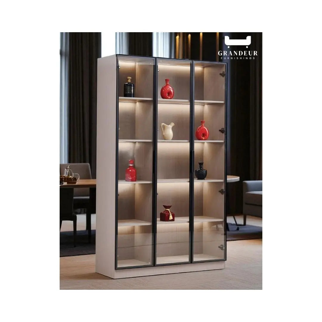 Contemporary Wood-Finish Glass Display Cabinet with LED Sensor Lighting Grandeur Furnishings