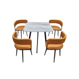 Square stone-patterned dining table with four brown chairs