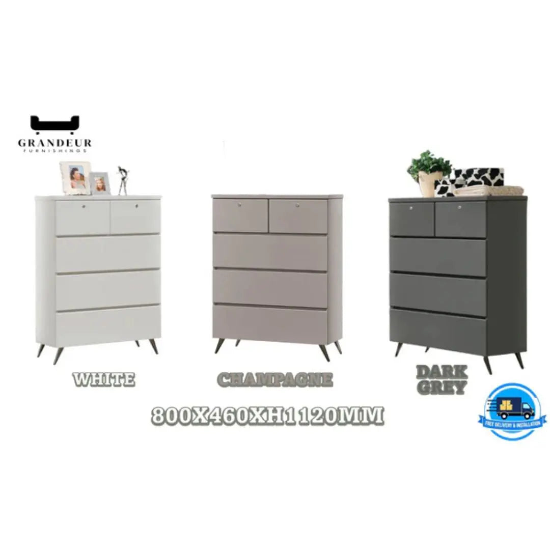 5-Drawer Storage Chest of Drawers in White, Champagne, or Dark Grey Grandeur Furnishings