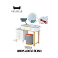 White dressing table with top detail and dimensions