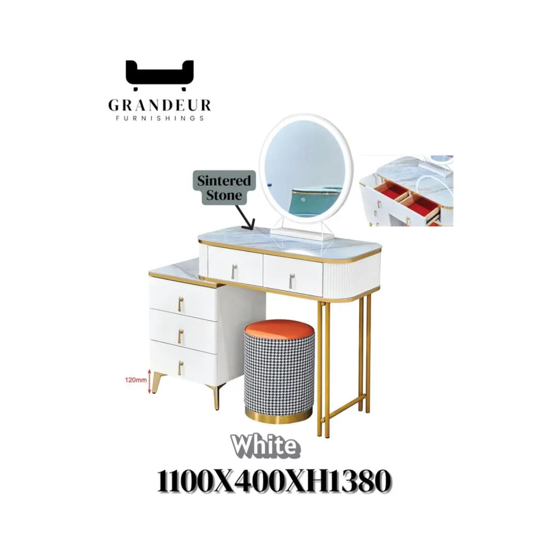 Vanity Table with LED Mirror & Sintered Stone Top Dressing Table 3 Colours Grandeur Furnishings
