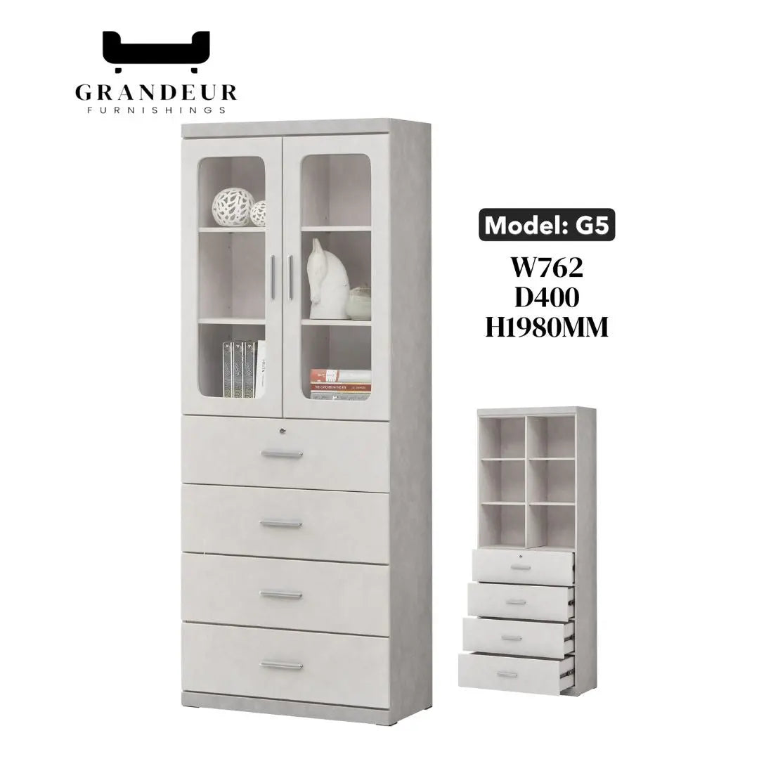 Elegant Light Grey Bookcase Display Cabinet with Glass Doors, Drawers & Shelves Grandeur Furnishings