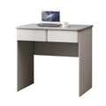 Grey writing desk with two drawers, angled view