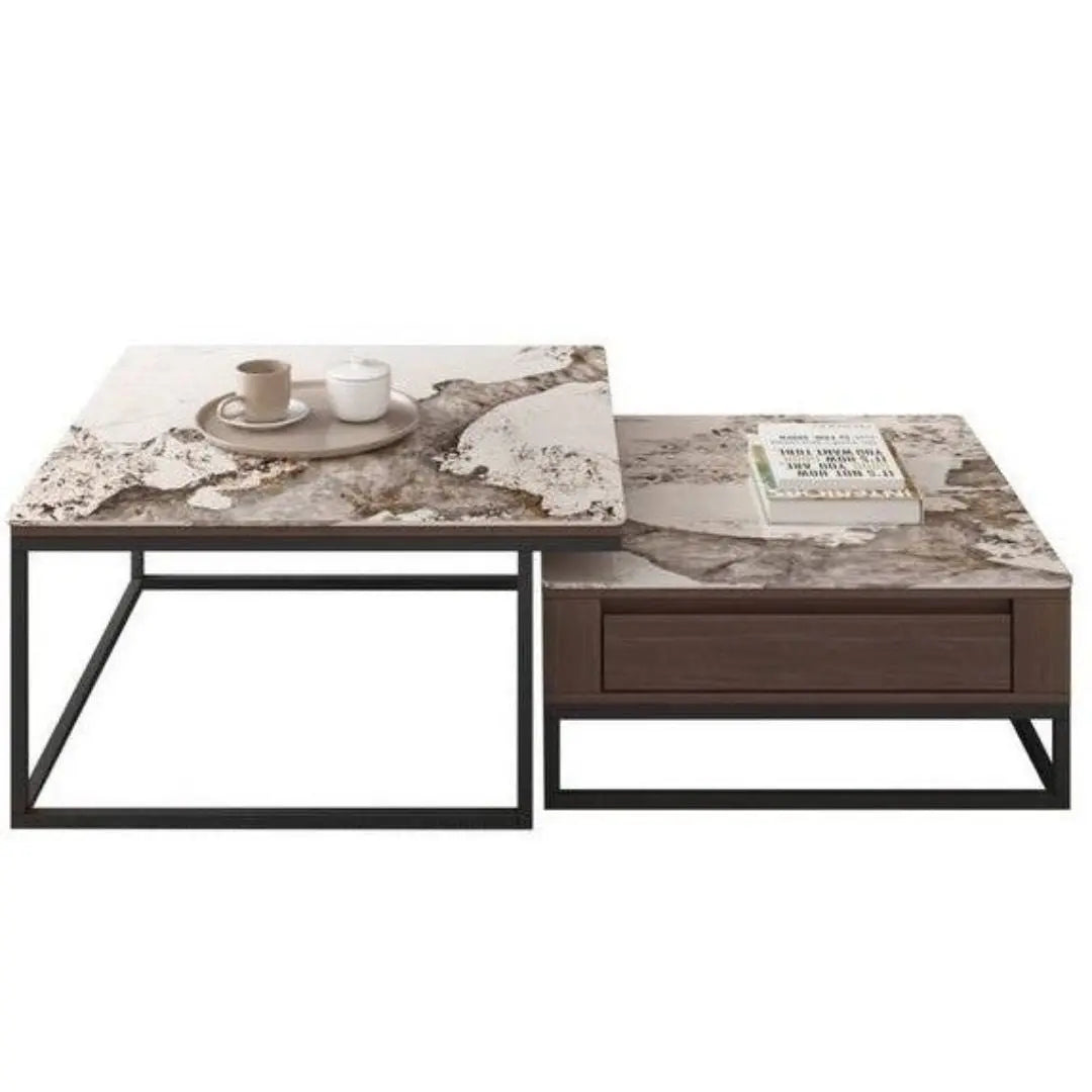 Square Coffee Table Set with Storage Drawers & Gloss Sintered Stone Top Grandeur Furnishings