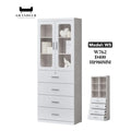 White book cabinet with glazed upper doors and four lower drawers