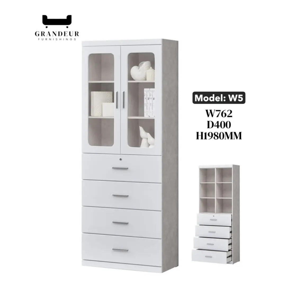 Multi-Storage Book Cabinet with Glass Doors & Drawers – White Finish Grandeur Furnishings