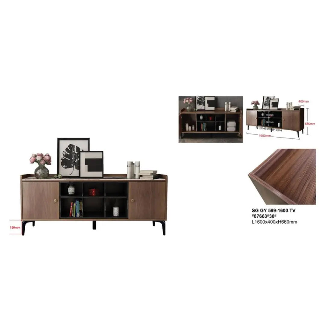 Sleek Modern TV Console (2 Options) – 1600mm, Stylish Storage with Walnut or Grey Finish Grandeur Furnishings