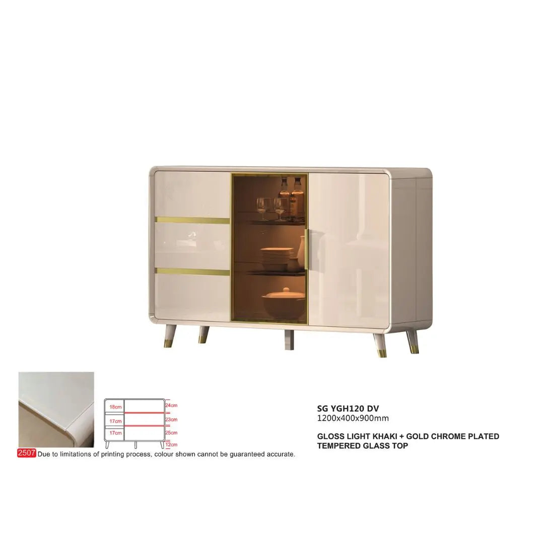 Elegant Gloss Light Khaki Side Cabinet with Gold Chrome Plated Accents & Tempered Glass Grandeur Furnishings
