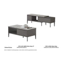 Grey TV console and coffee table with material information