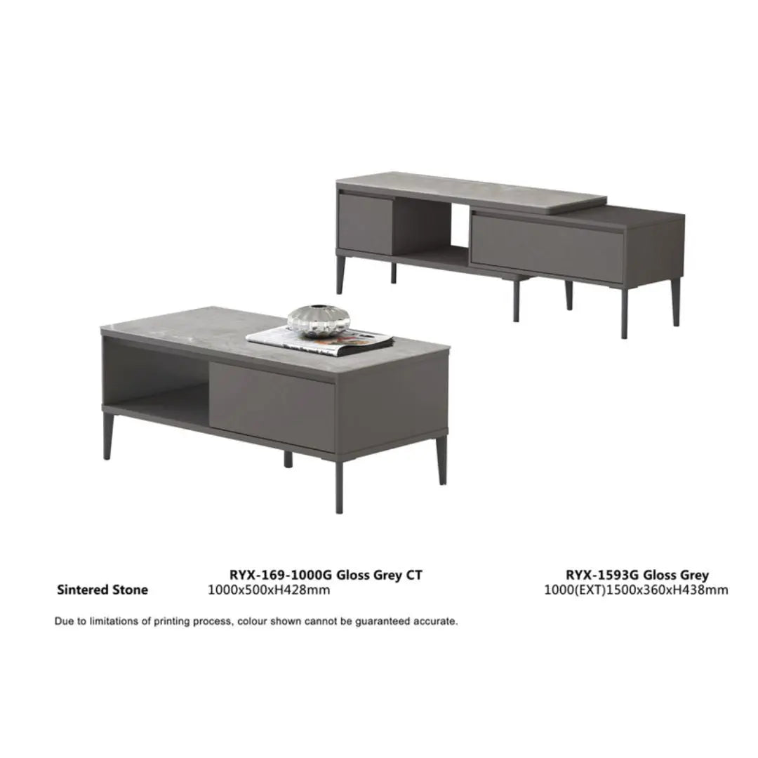 TV Console & Coffee Table Set – Gloss White or Gloss Grey Finish with Sintered Stone Top Grandeur Furnishings