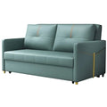 Teal sofa bed with gold-coloured trim, angled front view