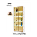 Gold-coloured illuminated glass display cabinet with dimensions