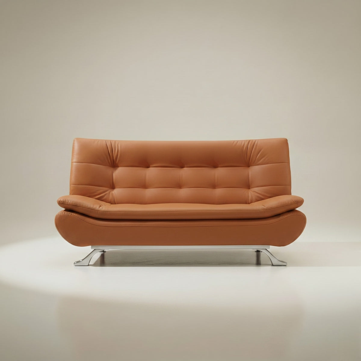 Orange tufted sofa bed with curved metal legs, front view