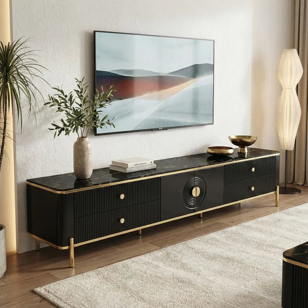 Luxury Fluted TV Console - White Sintered Stone or Black Tempered Glass Top - Modern Living Room Cabinet Grandeur Furnishings