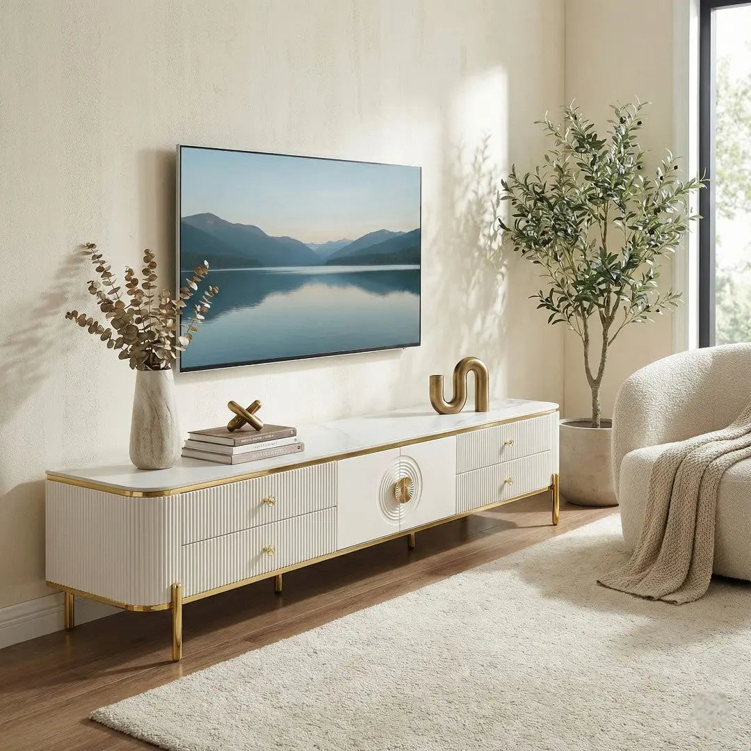 Luxury Fluted TV Console - White Sintered Stone or Black Tempered Glass Top - Modern Living Room Cabinet Grandeur Furnishings