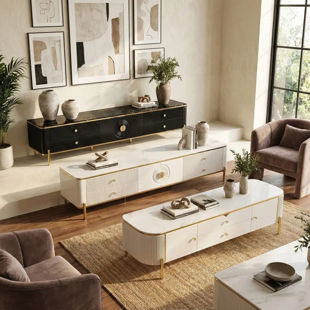 Luxury Fluted TV Console - White Sintered Stone or Black Tempered Glass Top - Modern Living Room Cabinet Grandeur Furnishings