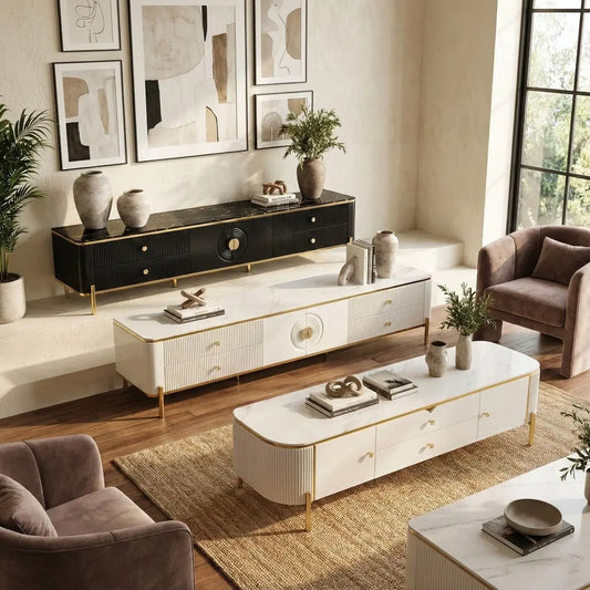 Luxury Fluted TV Console - White Sintered Stone or Black Tempered Glass Top - Modern Living Room Cabinet Grandeur Furnishings