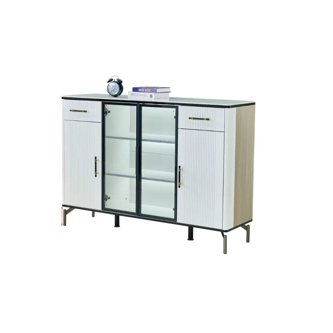 Elegant Side Cabinet with LED Lights & Sintered Stone Top – Modern Design with Glass Doors & Brass Accents Grandeur Furnishings