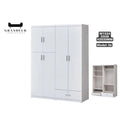 Wide white wardrobe with doors, drawers, interior and dimensions