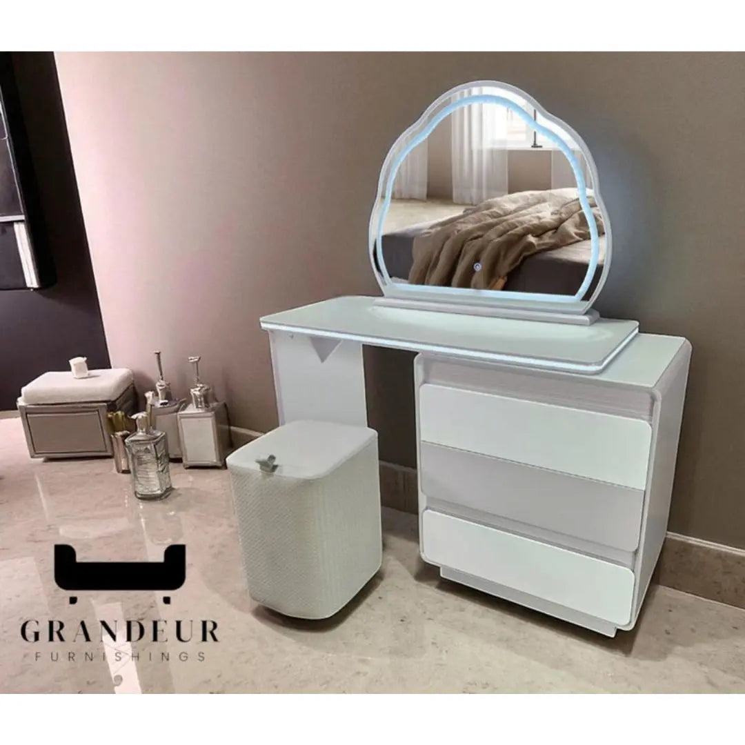 Vanity Table with LED Mirror and White Finish Dressing table Set Grandeur Furnishings
