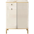 Narrow white shoe cabinet with fluted door and two drawers