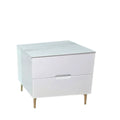 White bedside table with veined top and gold-coloured legs, angled view