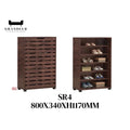 Tall dark wood-look slatted shoe cabinet with interior view