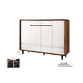 Extra-wide white-front shoe cabinet with interior and size information