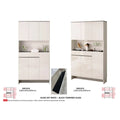 Two wide off-white shoe cabinets with glass-top detail and sizes